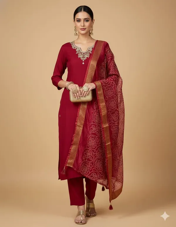 Maroon_Silk_Blend_3/4_Sleeve_V_Neck_Kurti_Palazzo_Set_For_Women