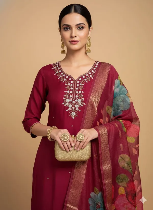 Maroon_Silk_Blend_3/4_Sleeve_V_Neck_Kurti_Palazzo_Set_For_Women