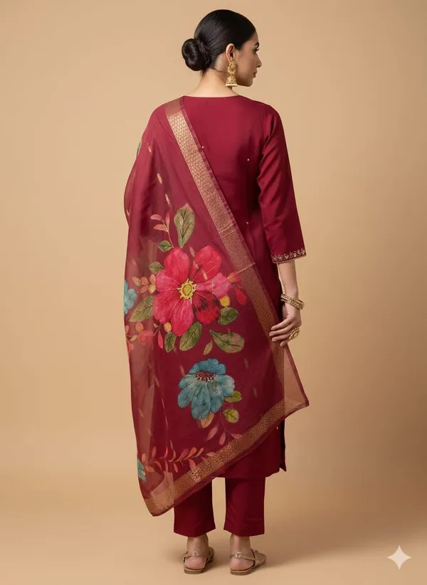 Maroon_Silk_Blend_3/4_Sleeve_V_Neck_Kurti_Palazzo_Set_For_Women