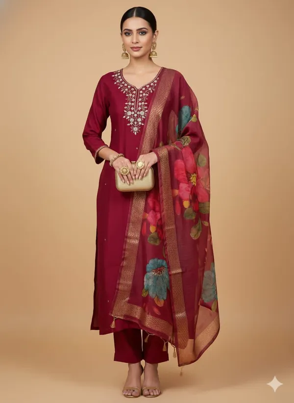 Maroon_Silk_Blend_3/4_Sleeve_V_Neck_Kurti_Palazzo_Set_For_Women