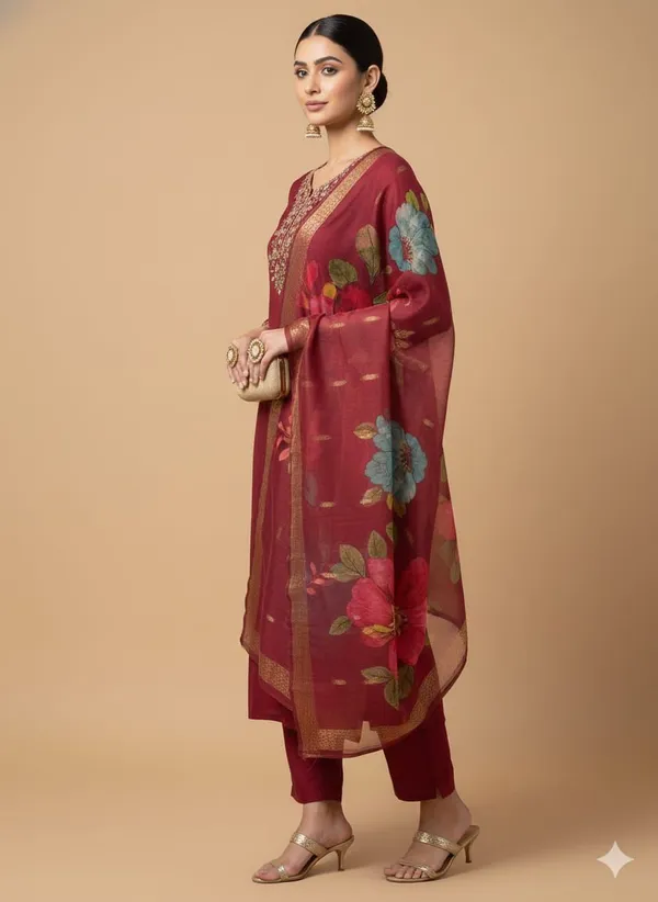 Maroon_Silk_Blend_3/4_Sleeve_V_Neck_Kurti_Palazzo_Set_For_Women