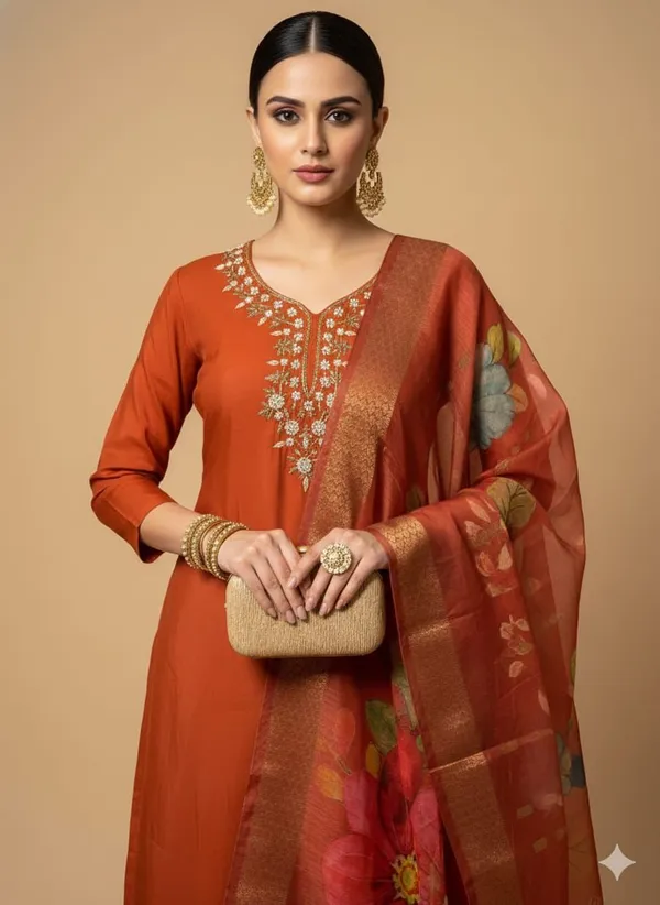 Orange_Silk_Blend_3/4_Sleeve_V_Neck_Kurti_Palazzo_Set_For_Women