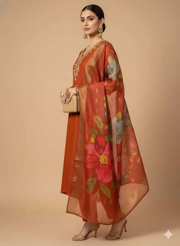 Orange_Silk_Blend_3/4_Sleeve_V_Neck_Kurti_Palazzo_Set_For_Women