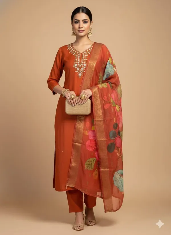 Orange_Silk_Blend_3/4_Sleeve_V_Neck_Kurti_Palazzo_Set_For_Women