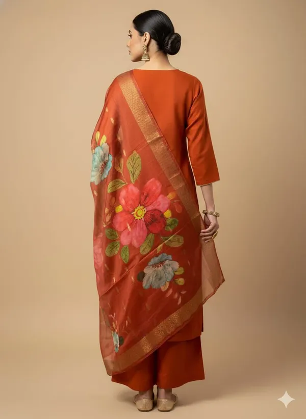 Orange_Silk_Blend_3/4_Sleeve_V_Neck_Kurti_Palazzo_Set_For_Women