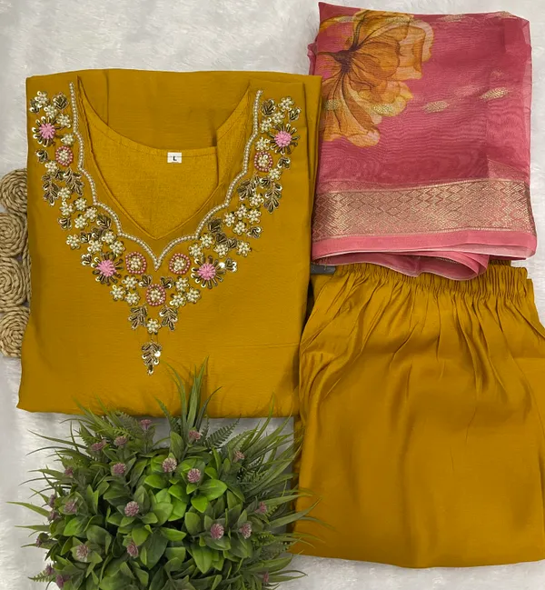 Yellow_Silk_Blend_3/4_Sleeve_V_Neck_Kurti_Palazzo_Set_For_Women