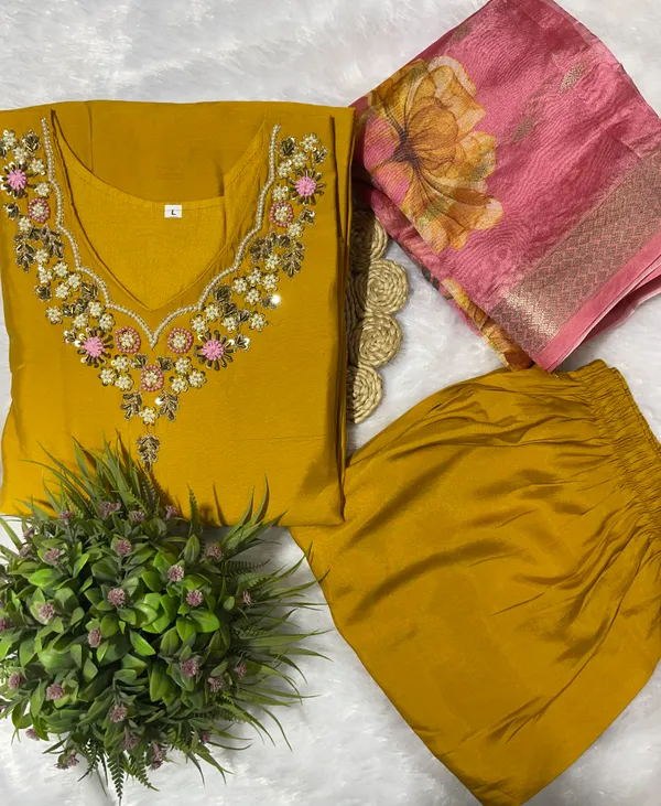Yellow_Silk_Blend_3/4_Sleeve_V_Neck_Kurti_Palazzo_Set_For_Women