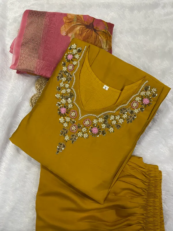 Yellow_Silk_Blend_3/4_Sleeve_V_Neck_Kurti_Palazzo_Set_For_Women