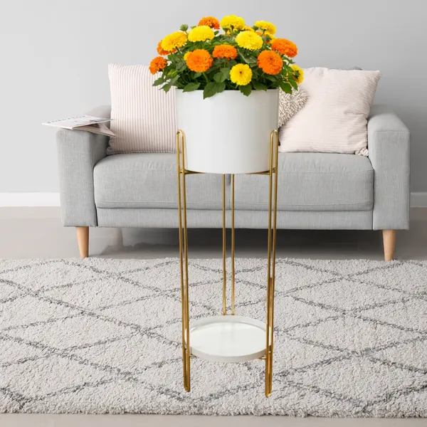 FERTILGRO_Metal_Planter_with_Pot,_Decorative_Plant_Stand_for_Living_Room_&_Balcony,_Office,_Indoor_&_Outdoor_(White,_Set_of_1)