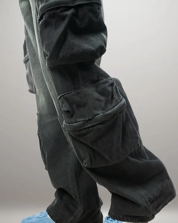 Black_&_Olive_Green_Denim_Cotton_Cargo_Pants_For_Unisex