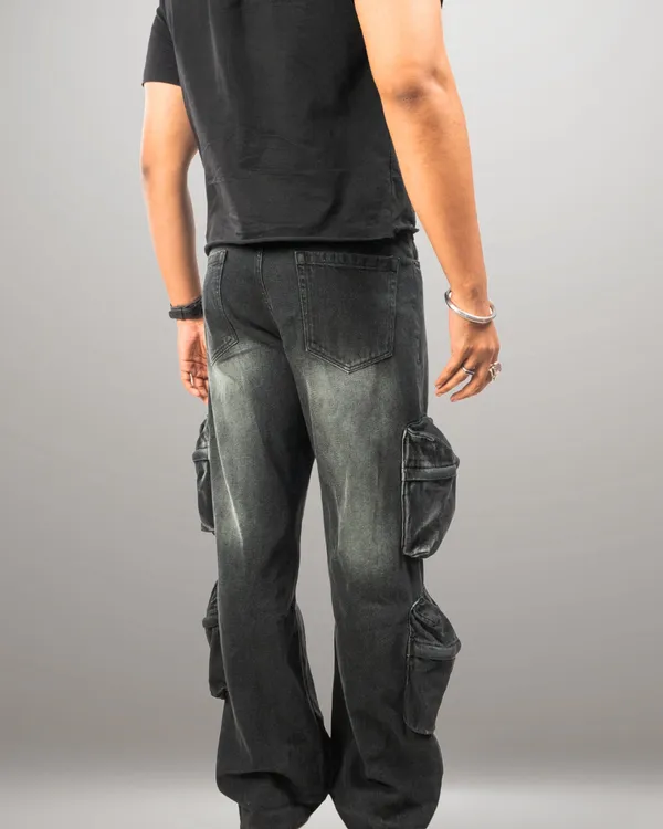 Black_&_Olive_Green_Denim_Cotton_Cargo_Pants_For_Unisex