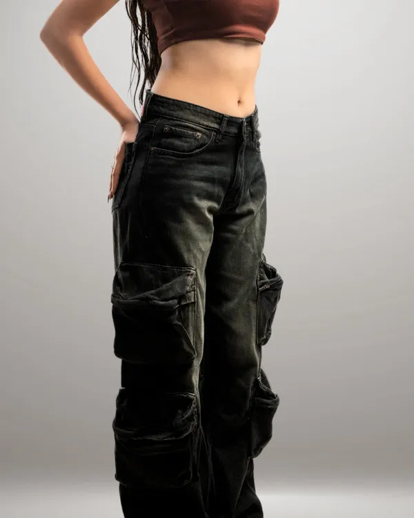 Black_&_Olive_Green_Denim_Cotton_Cargo_Pants_For_Unisex