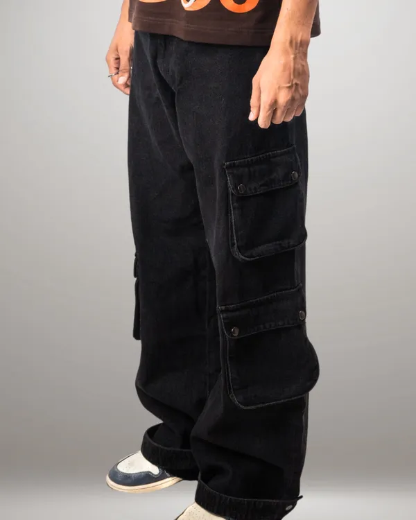 Black_Denim_Cotton_Cargo_Pants_For_Unisex