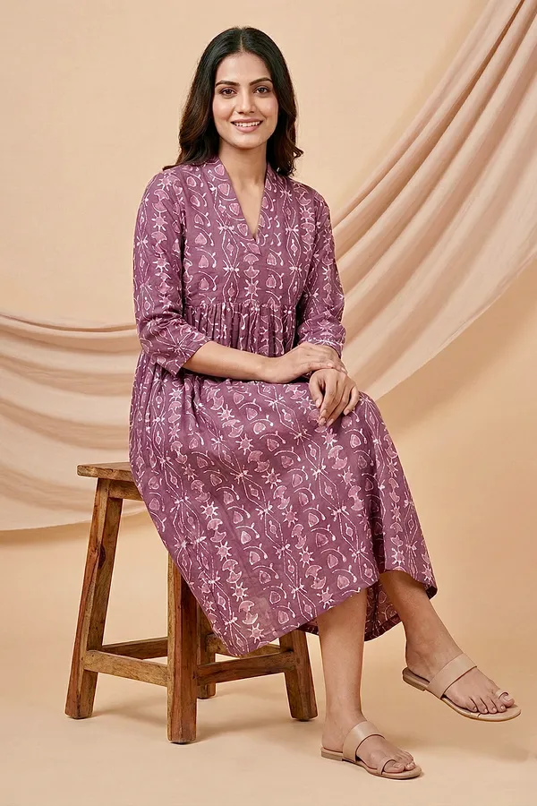 Dusty_Mauve_Printed_Cotton_One_Piece_Dress_For_Women