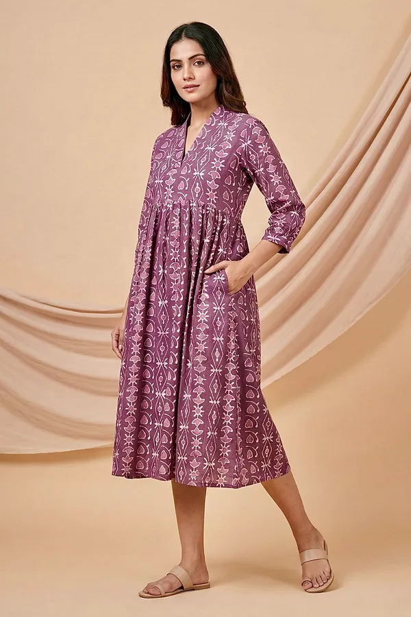 Dusty_Mauve_Printed_Cotton_One_Piece_Dress_For_Women