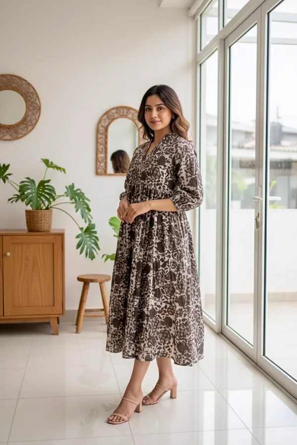 Grey_Floral_Printed_Cotton_One_Piece_Dress_For_Women