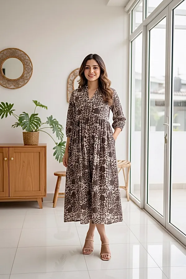 Grey_Floral_Printed_Cotton_One_Piece_Dress_For_Women
