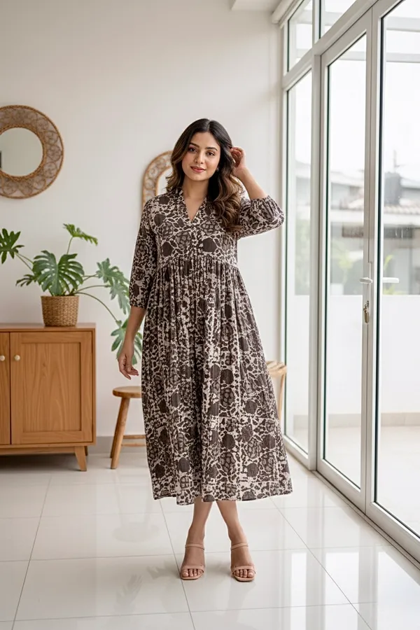 Grey_Floral_Printed_Cotton_One_Piece_Dress_For_Women