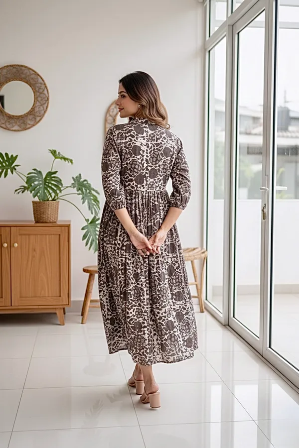 Grey_Floral_Printed_Cotton_One_Piece_Dress_For_Women