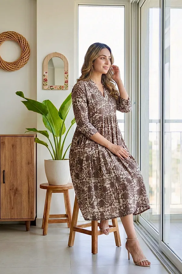 Grey_Floral_Printed_Cotton_One_Piece_Dress_For_Women