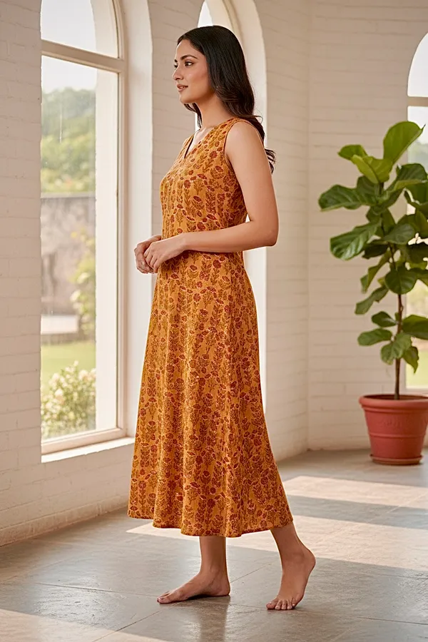 Mustard_Yellow_Floral_Printed_Cotton_A-Line_One_Piece_Dress_For_Women