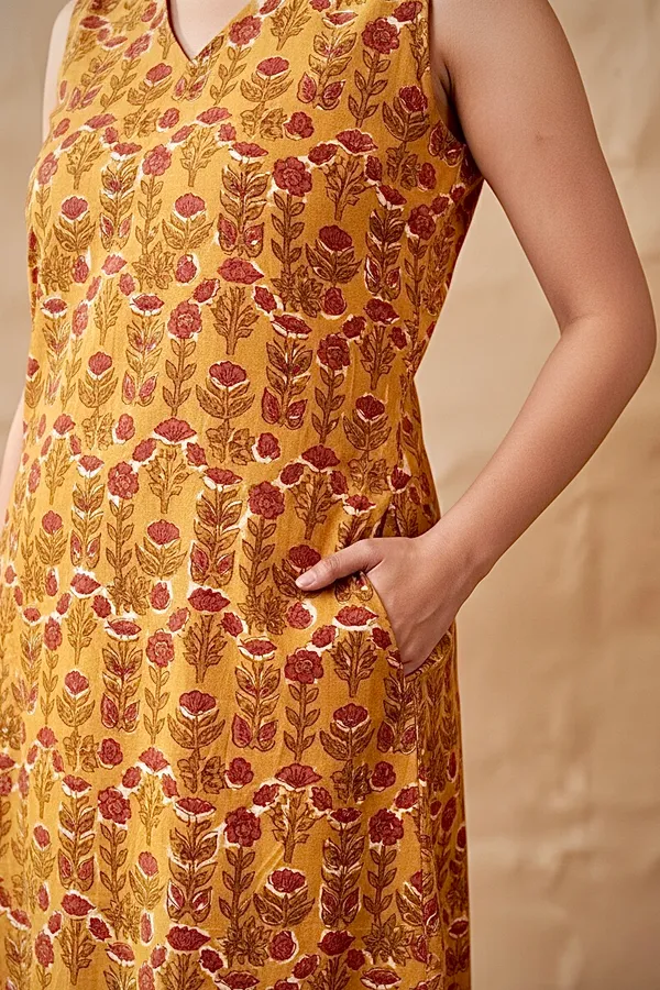 Mustard_Yellow_Floral_Printed_Cotton_A-Line_One_Piece_Dress_For_Women