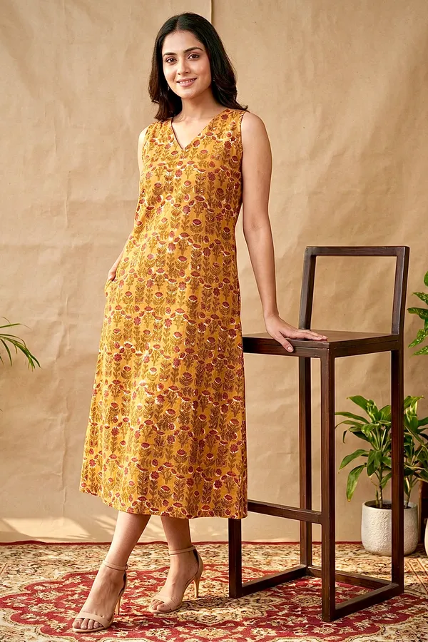 Mustard_Yellow_Floral_Printed_Cotton_A-Line_One_Piece_Dress_For_Women