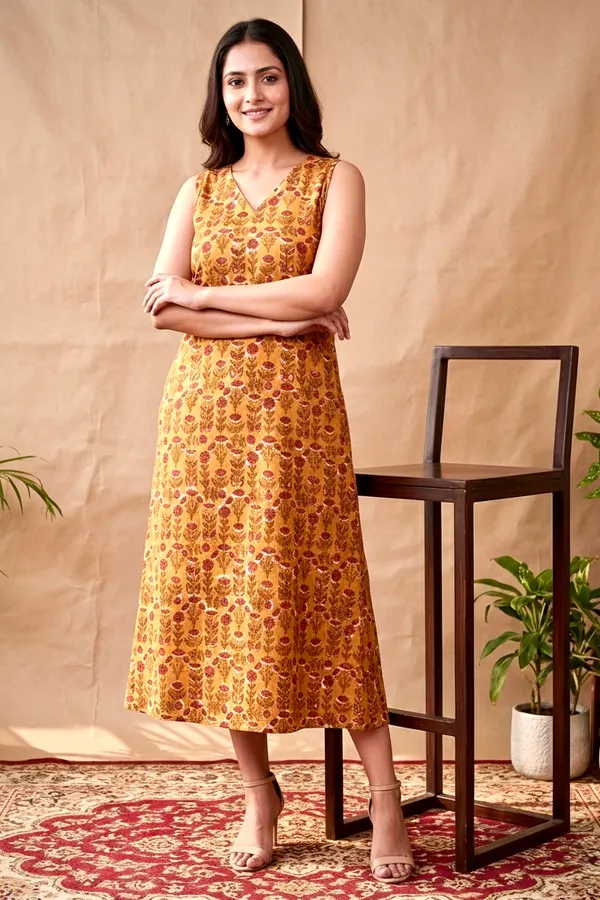 Mustard_Yellow_Floral_Printed_Cotton_A-Line_One_Piece_Dress_For_Women