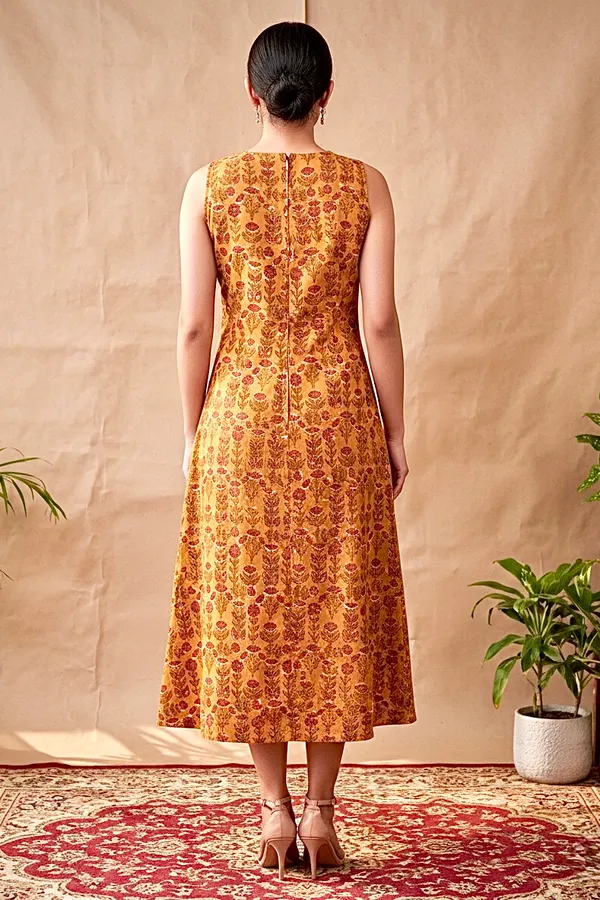 Mustard_Yellow_Floral_Printed_Cotton_A-Line_One_Piece_Dress_For_Women