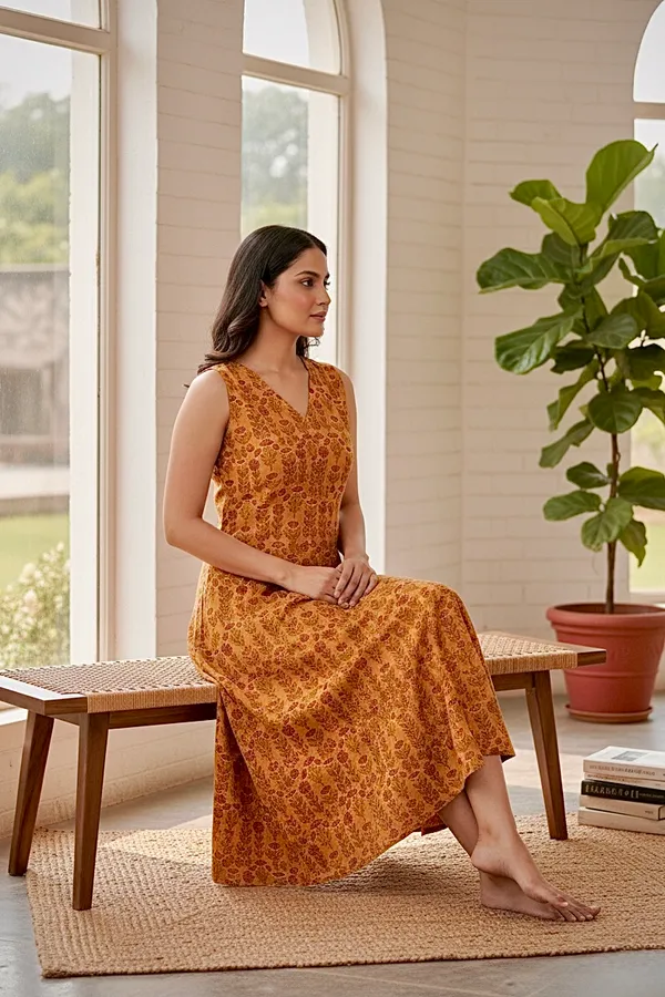 Mustard_Yellow_Floral_Printed_Cotton_A-Line_One_Piece_Dress_For_Women