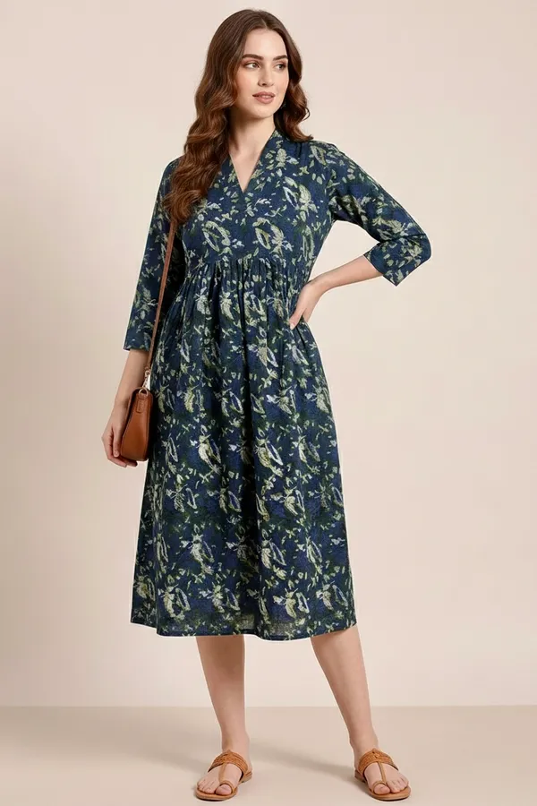 Deep_Indigo_Printed_Cotton_One_Piece_Dress_For_Women