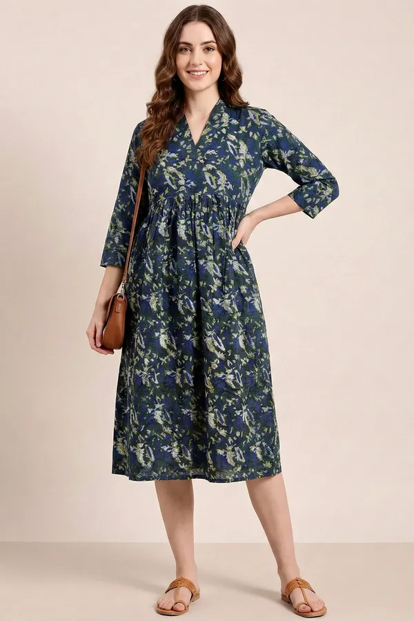 Deep_Indigo_Printed_Cotton_One_Piece_Dress_For_Women