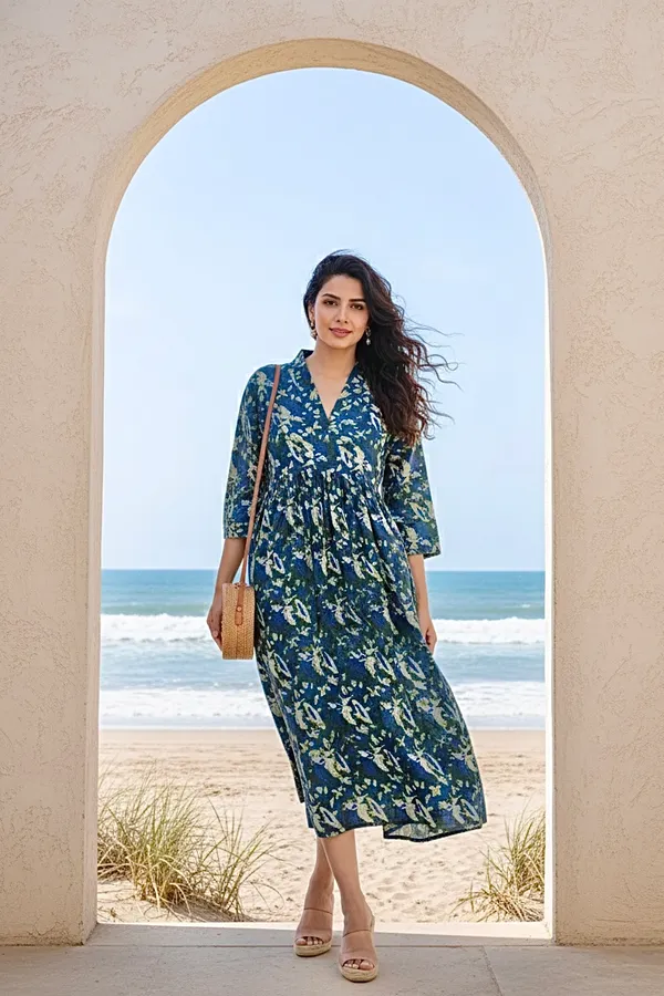 Deep_Indigo_Printed_Cotton_One_Piece_Dress_For_Women