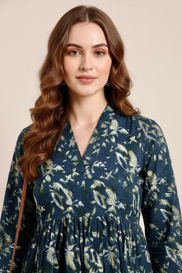 Deep_Indigo_Printed_Cotton_One_Piece_Dress_For_Women