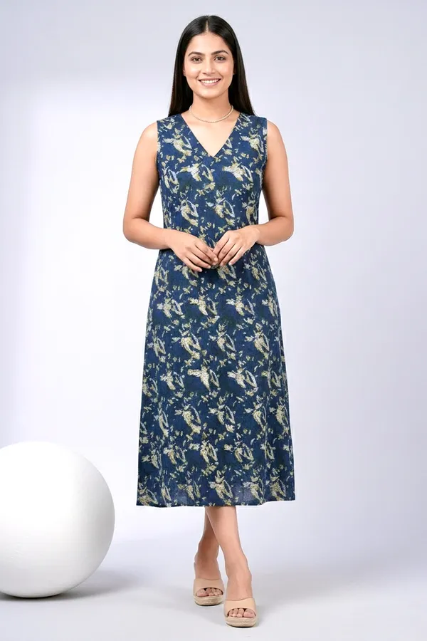 Deep_Indigo_Floral_Printed_Cotton_A-Line_One_Piece_Dress_For_Women