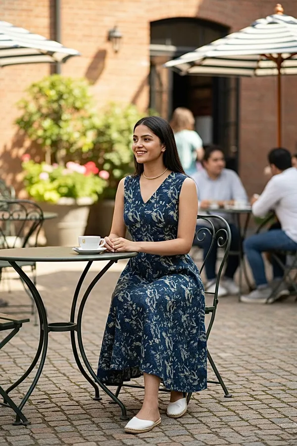 Deep_Indigo_Floral_Printed_Cotton_A-Line_One_Piece_Dress_For_Women