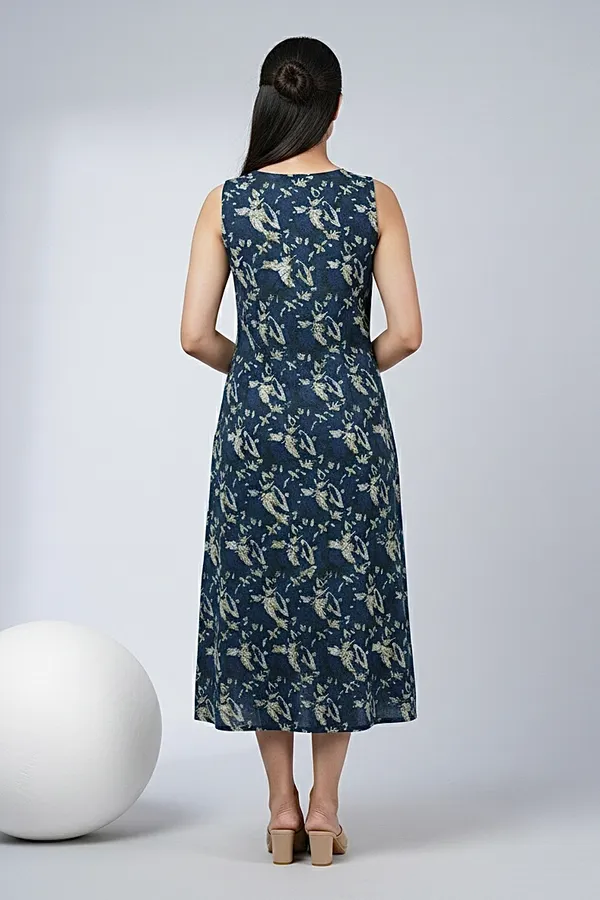 Deep_Indigo_Floral_Printed_Cotton_A-Line_One_Piece_Dress_For_Women