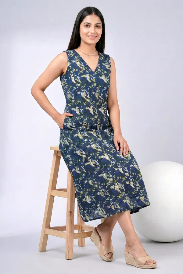 Deep_Indigo_Floral_Printed_Cotton_A-Line_One_Piece_Dress_For_Women