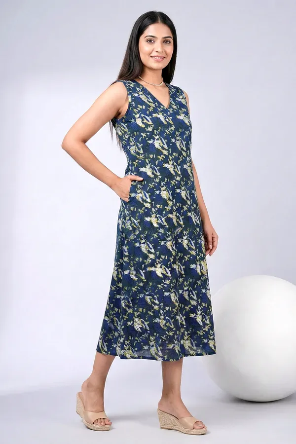 Deep_Indigo_Floral_Printed_Cotton_A-Line_One_Piece_Dress_For_Women