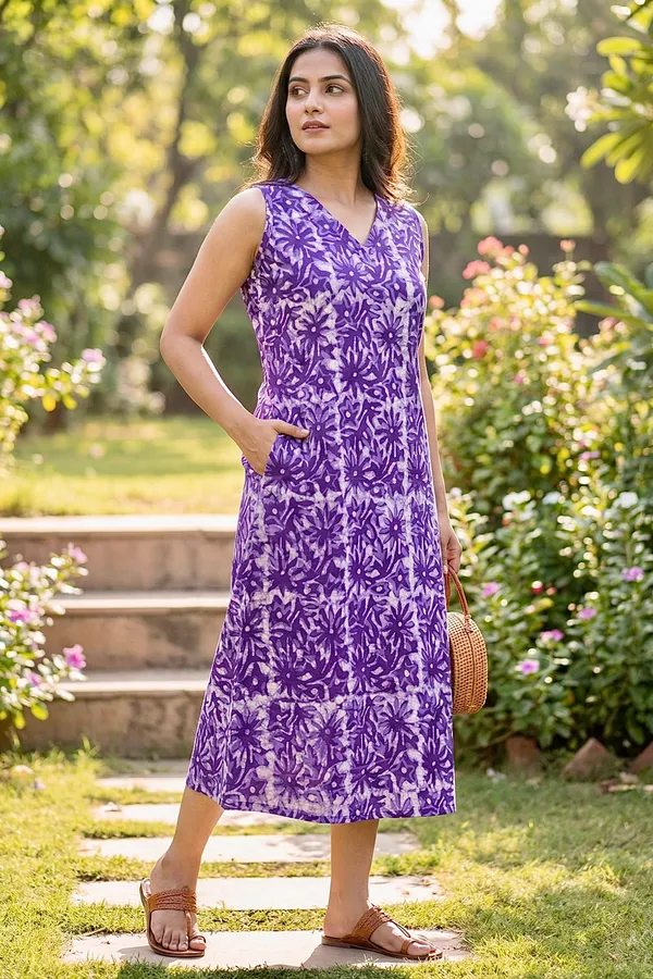 Purple_Floral_Printed_Cotton_A-Line_One_Piece_Dress_For_Women