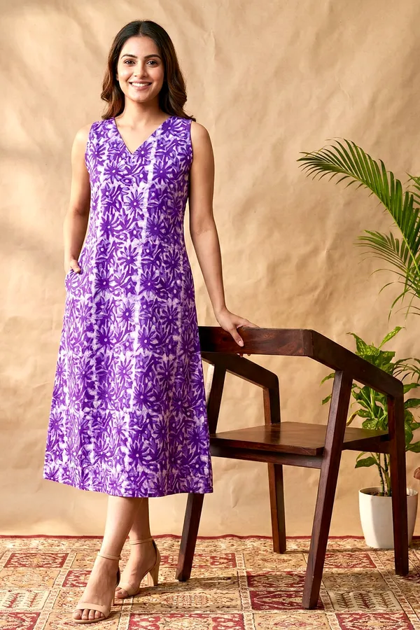 Purple_Floral_Printed_Cotton_A-Line_One_Piece_Dress_For_Women