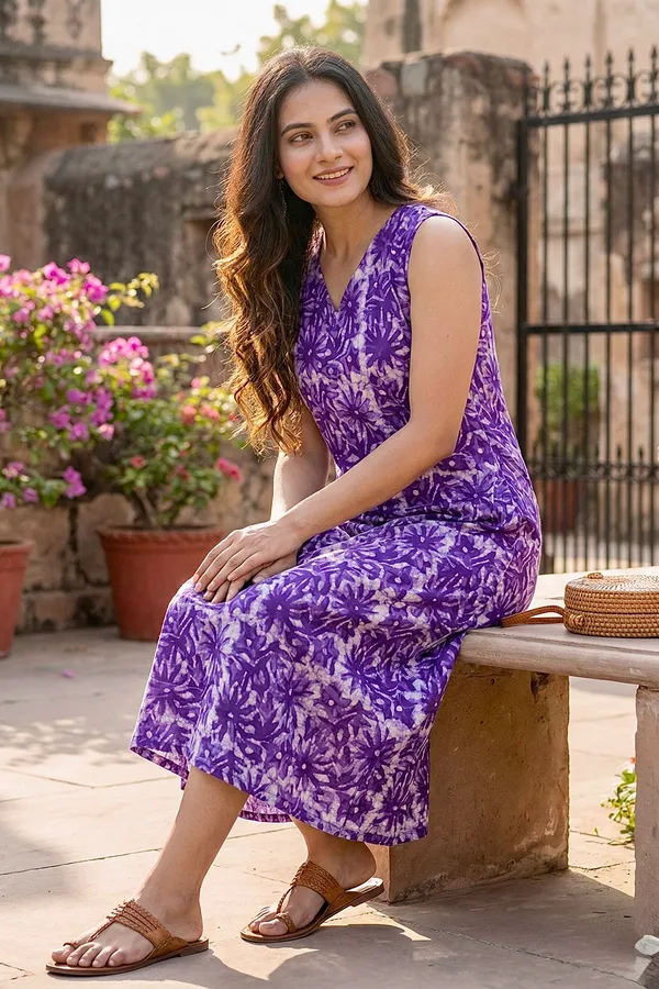 Purple_Floral_Printed_Cotton_A-Line_One_Piece_Dress_For_Women