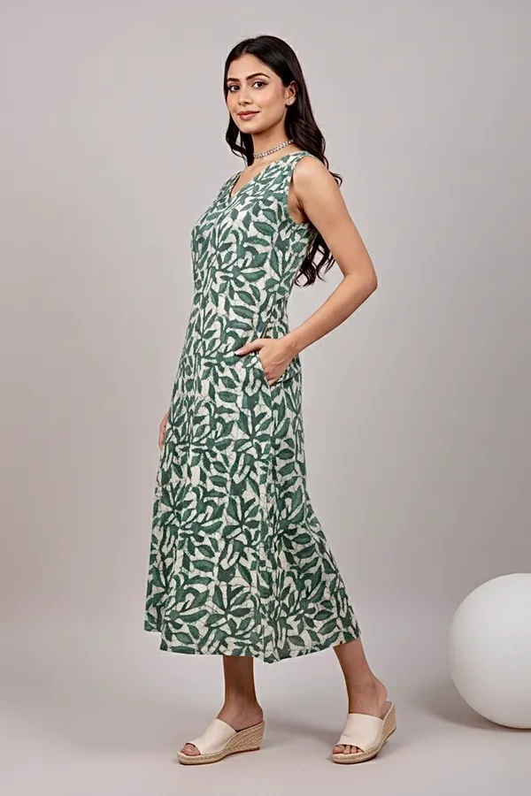 Olive_Green_Floral_Printed_Cotton_A-Line_One_Piece_Dress_For_Women