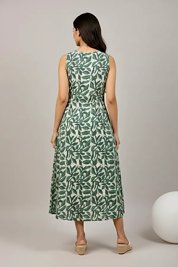 Olive_Green_Floral_Printed_Cotton_A-Line_One_Piece_Dress_For_Women