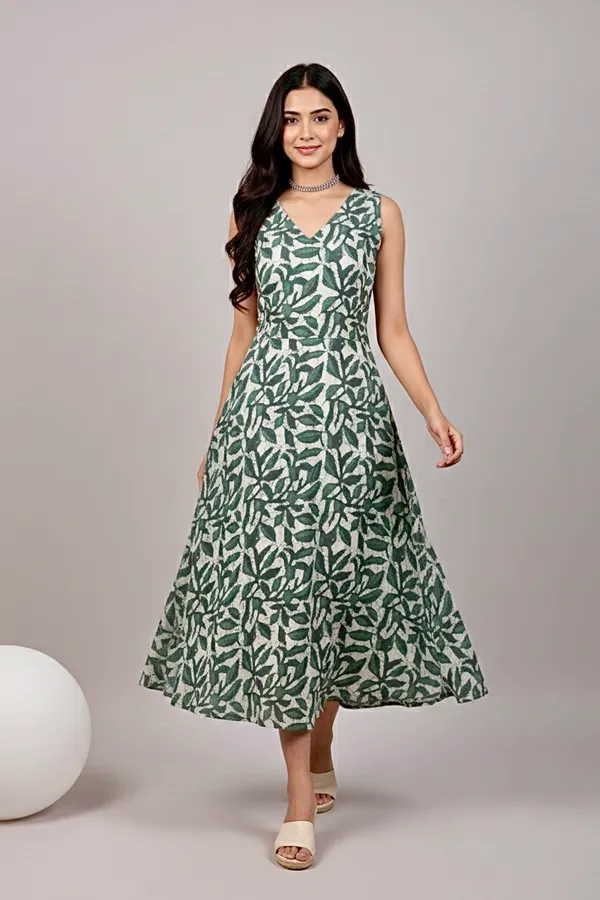 Olive_Green_Floral_Printed_Cotton_A-Line_One_Piece_Dress_For_Women