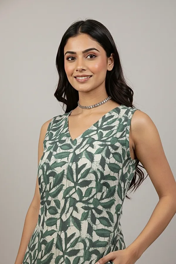 Olive_Green_Floral_Printed_Cotton_A-Line_One_Piece_Dress_For_Women