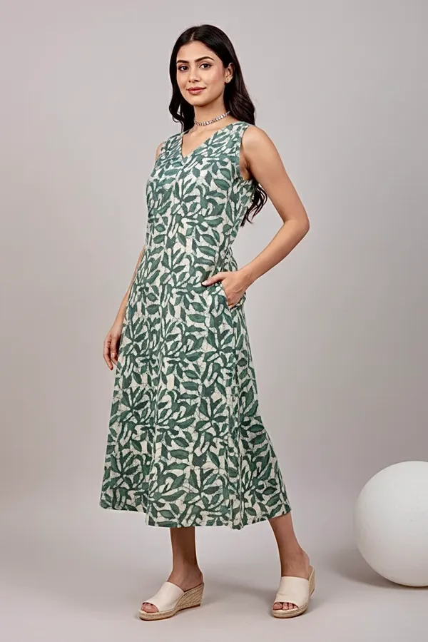 Olive_Green_Floral_Printed_Cotton_A-Line_One_Piece_Dress_For_Women