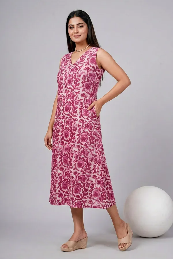 Dusty_Pink_Floral_Printed_Cotton_A-Line_One_Piece_Dress_For_Women