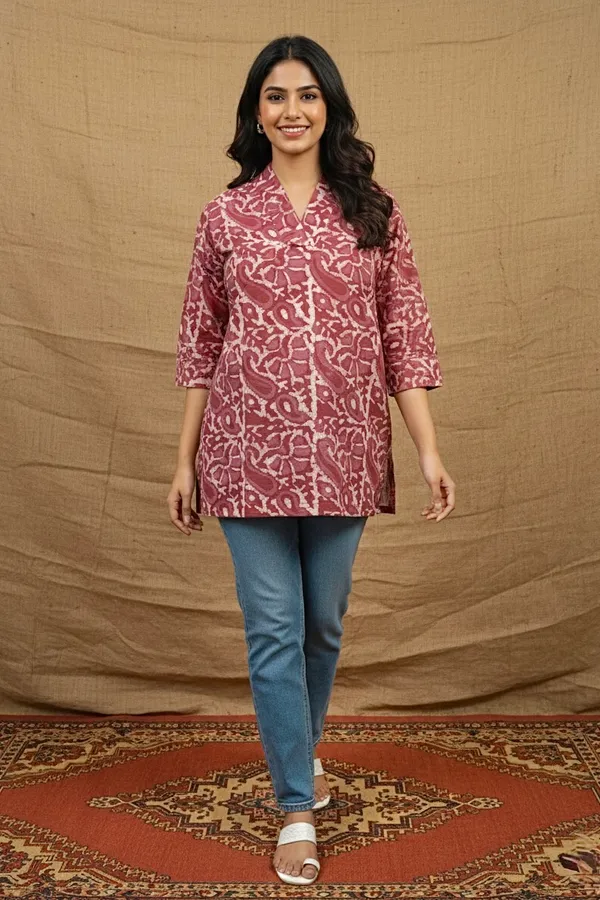 Dusty_Rose_Printed_Cotton_Short_Top_For_Women