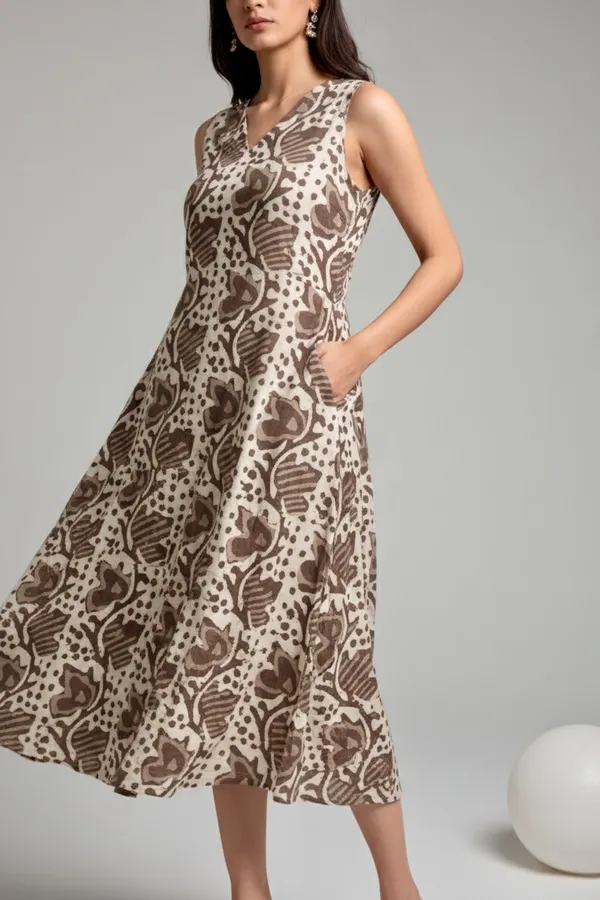Grey_Floral_Printed_Cotton_A-Line_One_Piece_Dress_For_Women